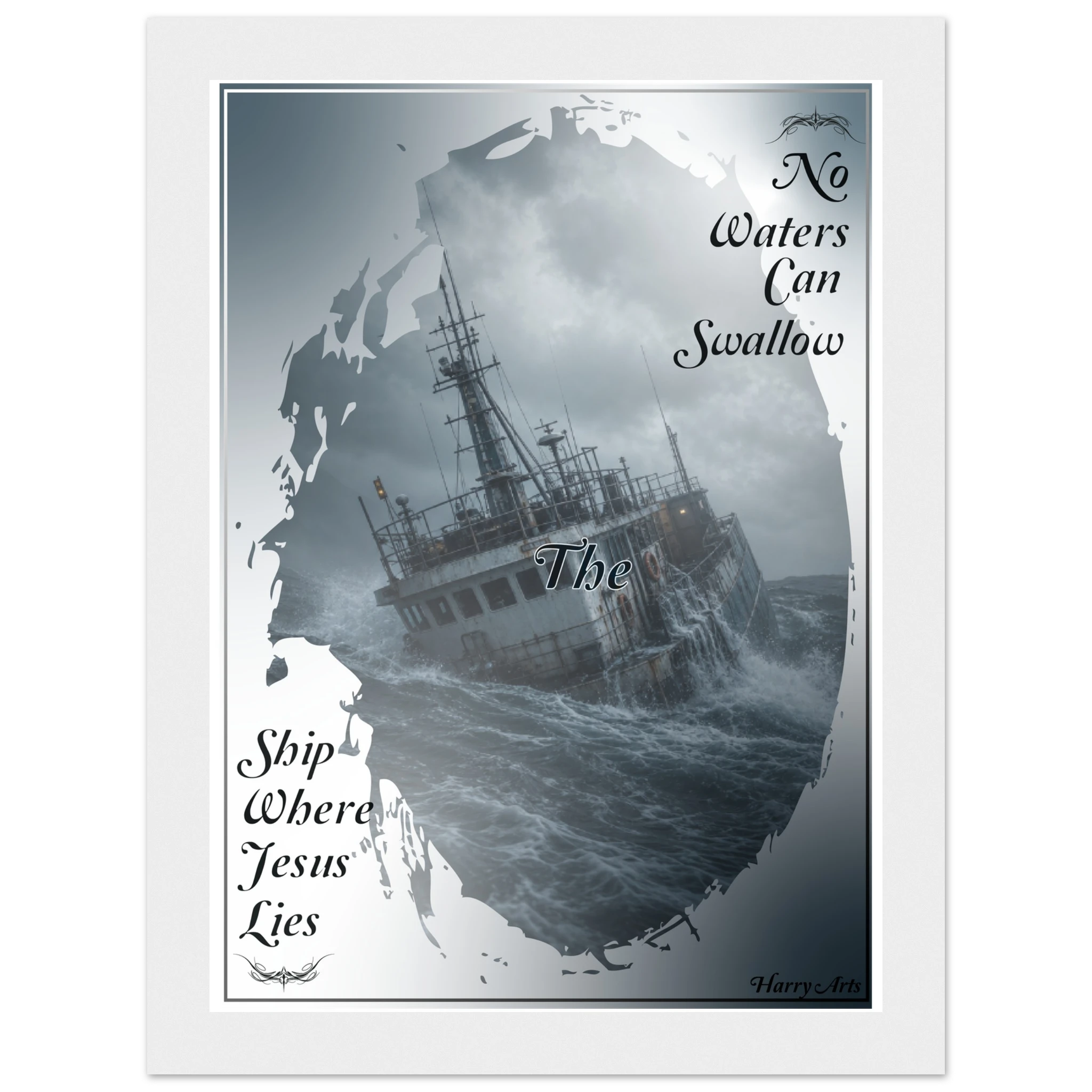 A sinking ship at the background demonstrating that no ship can sink where Jesus lies